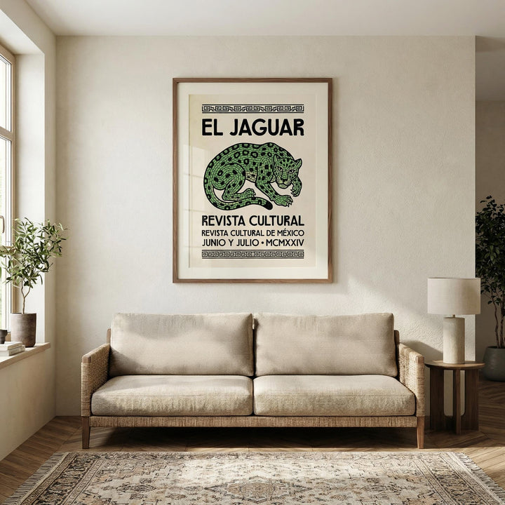 El Jaguar Poster print of a green jaguar illustration in folk art style above beige sofa with a lamp