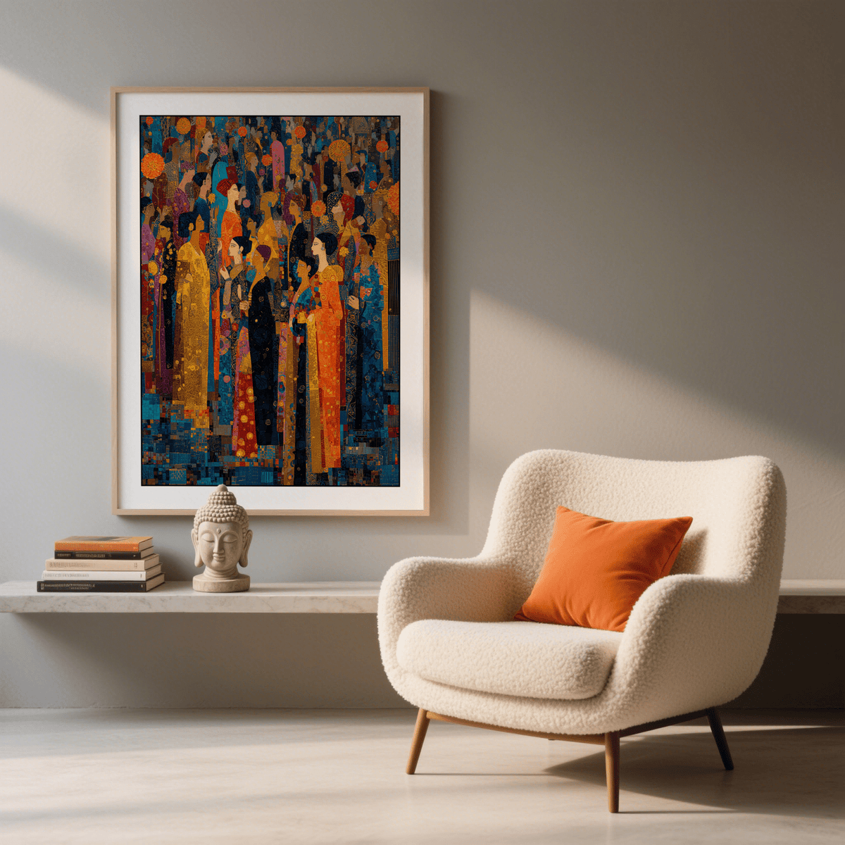 Indian Festival Art print in colourful robes and abstract style above a buddha head statue