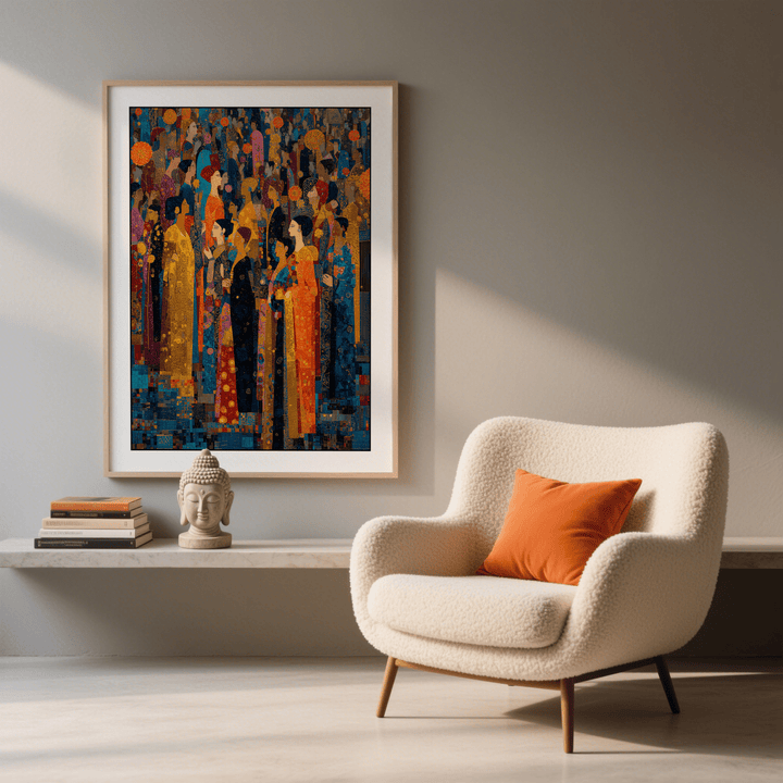Indian Festival Art print in colourful robes and abstract style above a buddha head statue