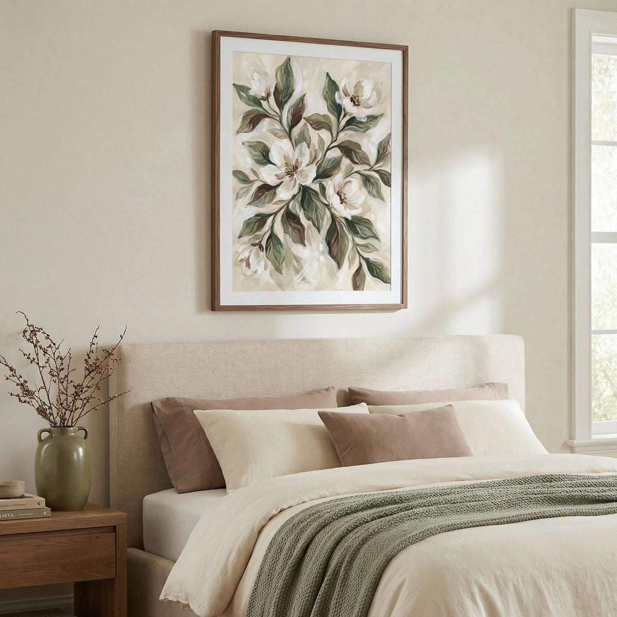 Magnolia wall decor with white flowers and green leaves above a beige bed with pillows