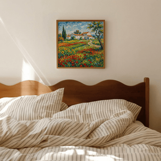 Framed Van Gogh painting above a wooden bed showing a countryside cottage with colourful flowers in a calm bedroom