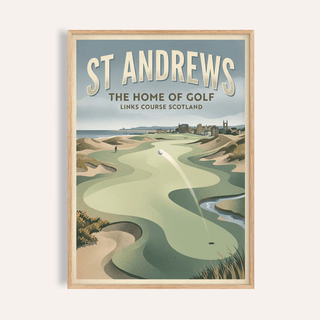 View of Scottish Links Golf Print showing links course with dunes and town skyline wall art poster