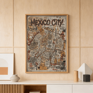 Print on a wall of Mexico Map Poster in illustration style with brown and beige shades above sideboard