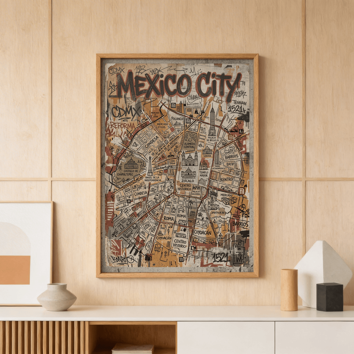 Print on a wall of Mexico Map Poster in illustration style with brown and beige shades above sideboard