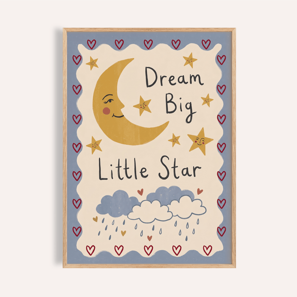 Dream Big Poster with a smiling crescent moon and stars in yellow and blue illustration
