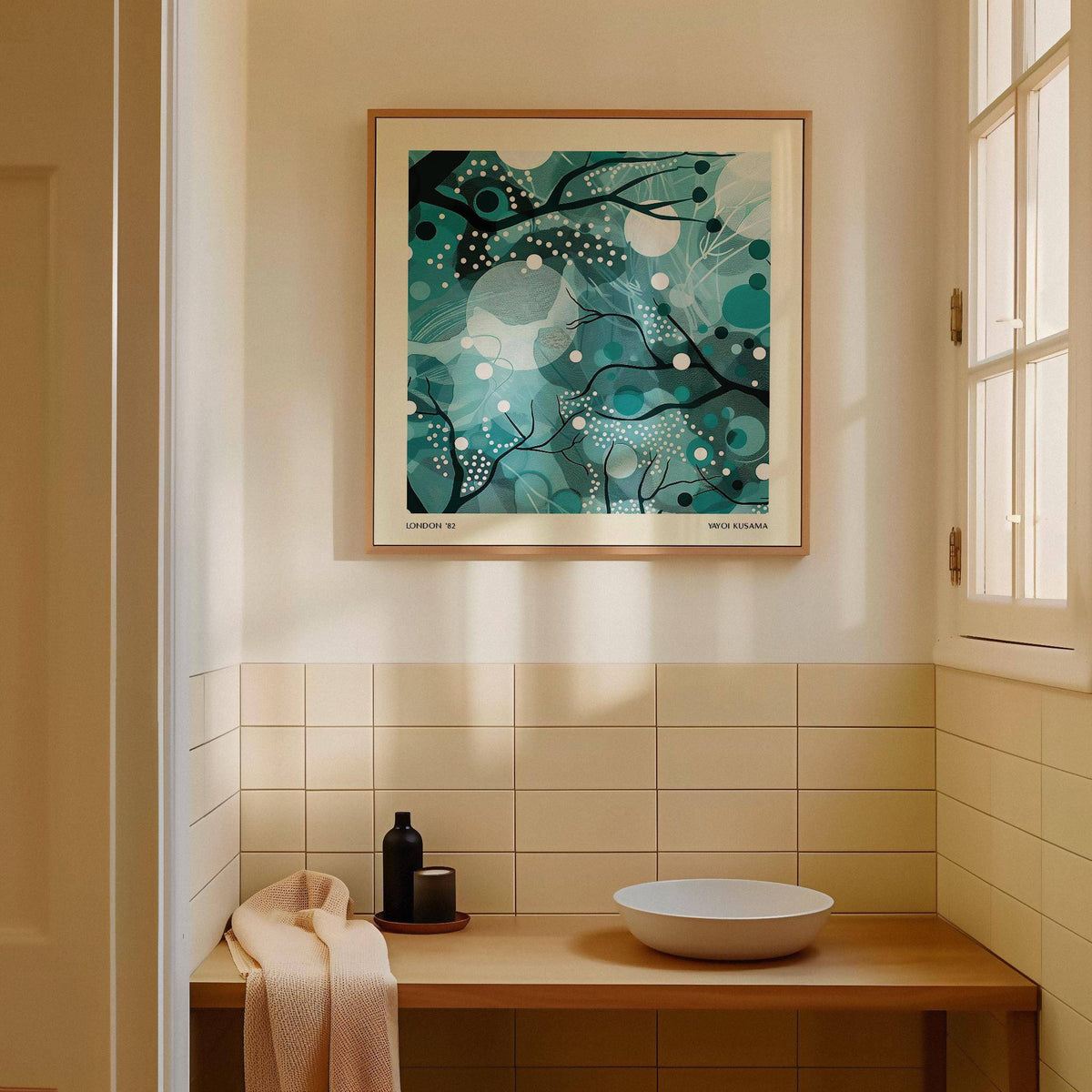 Teal home decor with abstract moonlit branches print above light wood shelf with towel and bowl