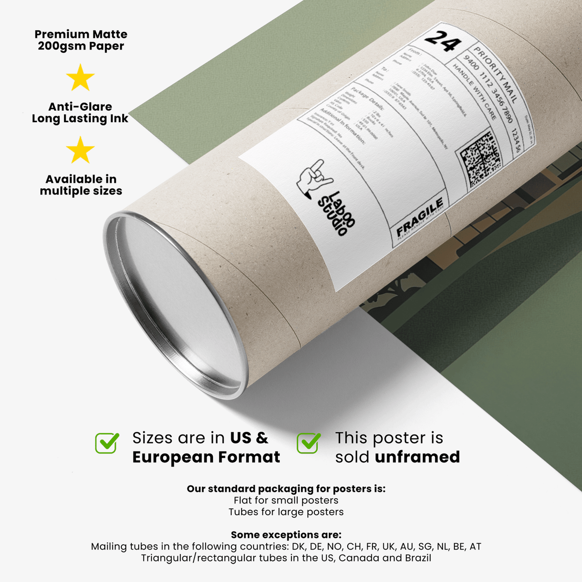 Packaging tube with shipping label on a golf driver art print background