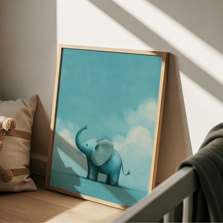 Nursery Animal Poster of a blue baby elephant illustration leaning on the floor near a striped soft cushion