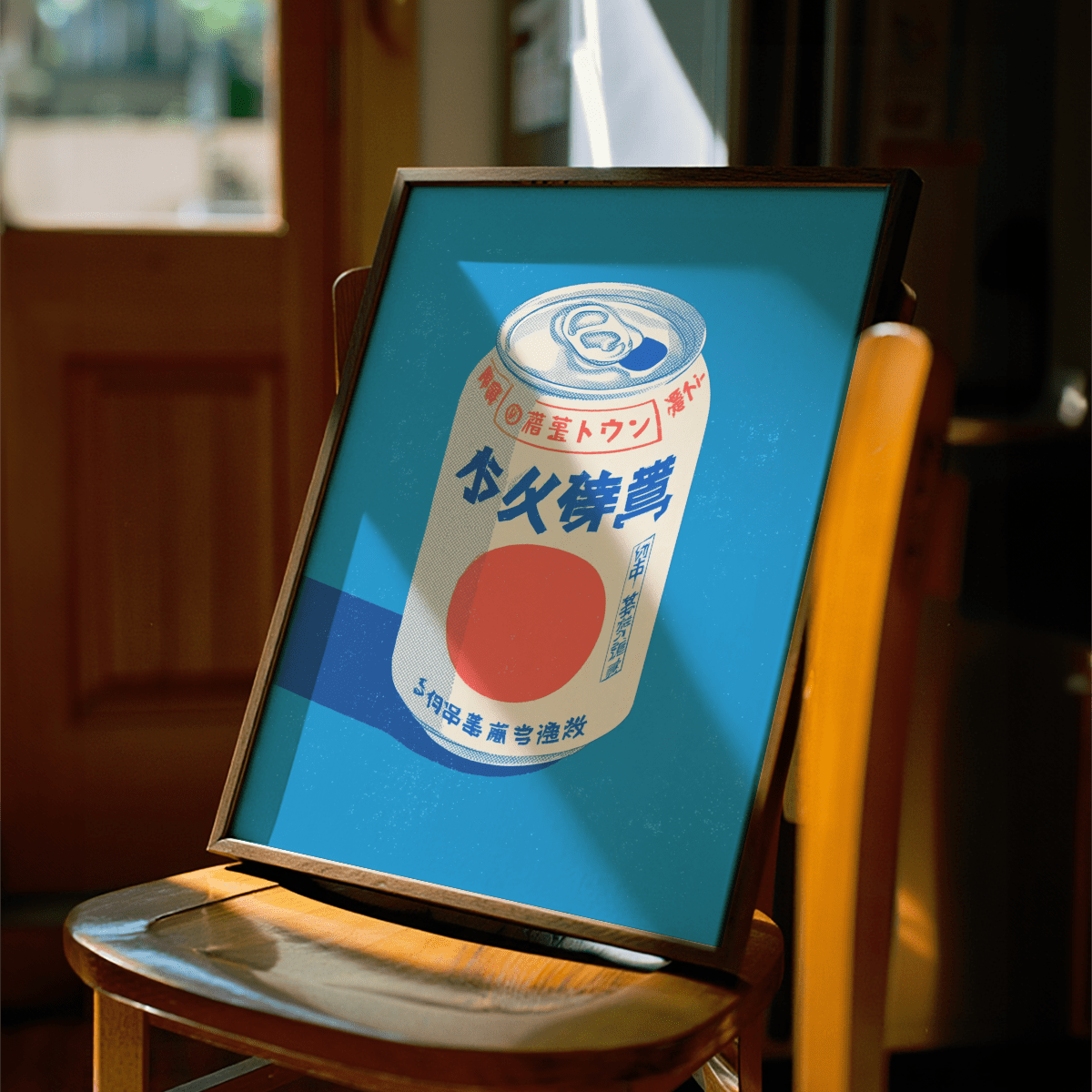 Framed Japanese Soda Print of a minimalist soda can illustration in blue and red on a chair