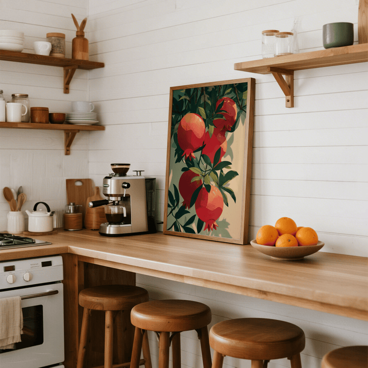 Pomegranate Art Print leaning on a wooden kitchen counter with a coffee machine and orange bowl
