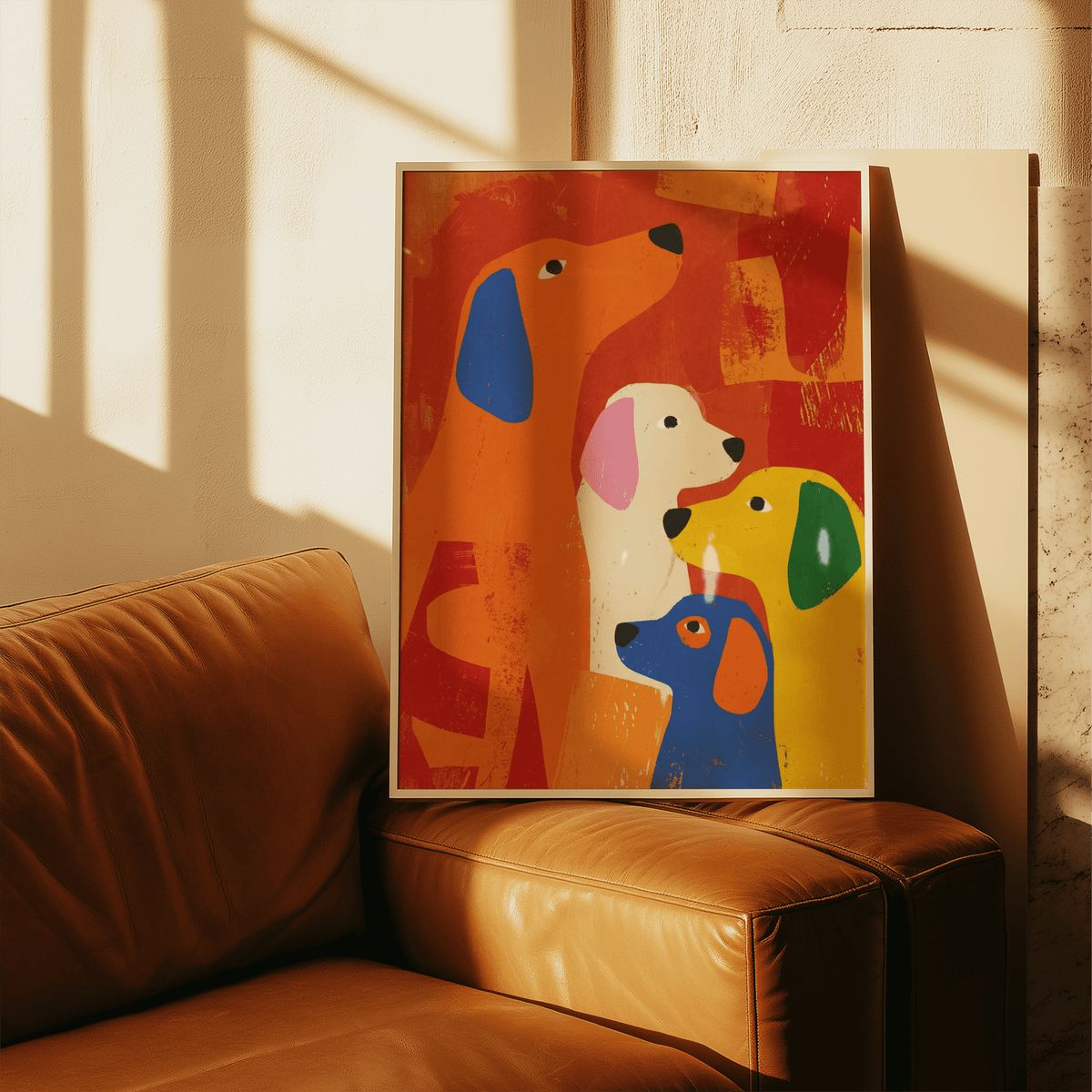 Colorful Dog Print leaning on a leather sofa with sunlight casting shadows on the wall
