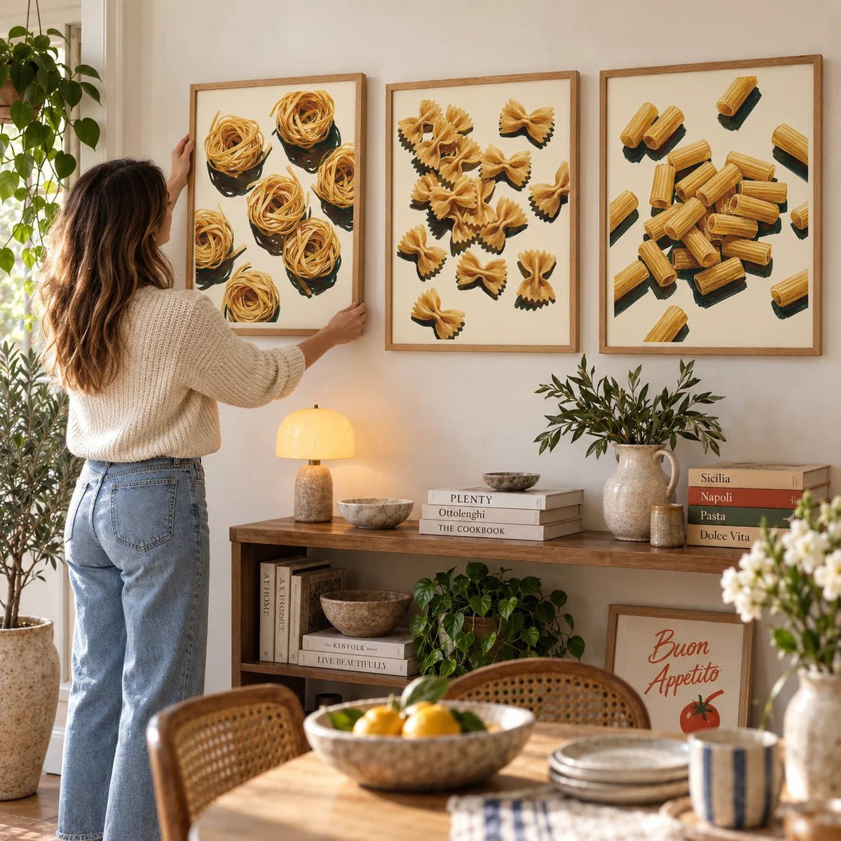 Italian kitchen prints set of 3 of photographic pasta types in wooden frames on a cream wall in a dining room
