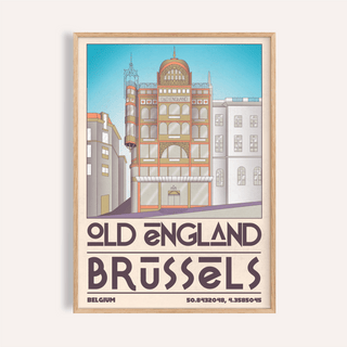 Brussels Architecture Print framed close-up of an old England building illustration with blue sky background