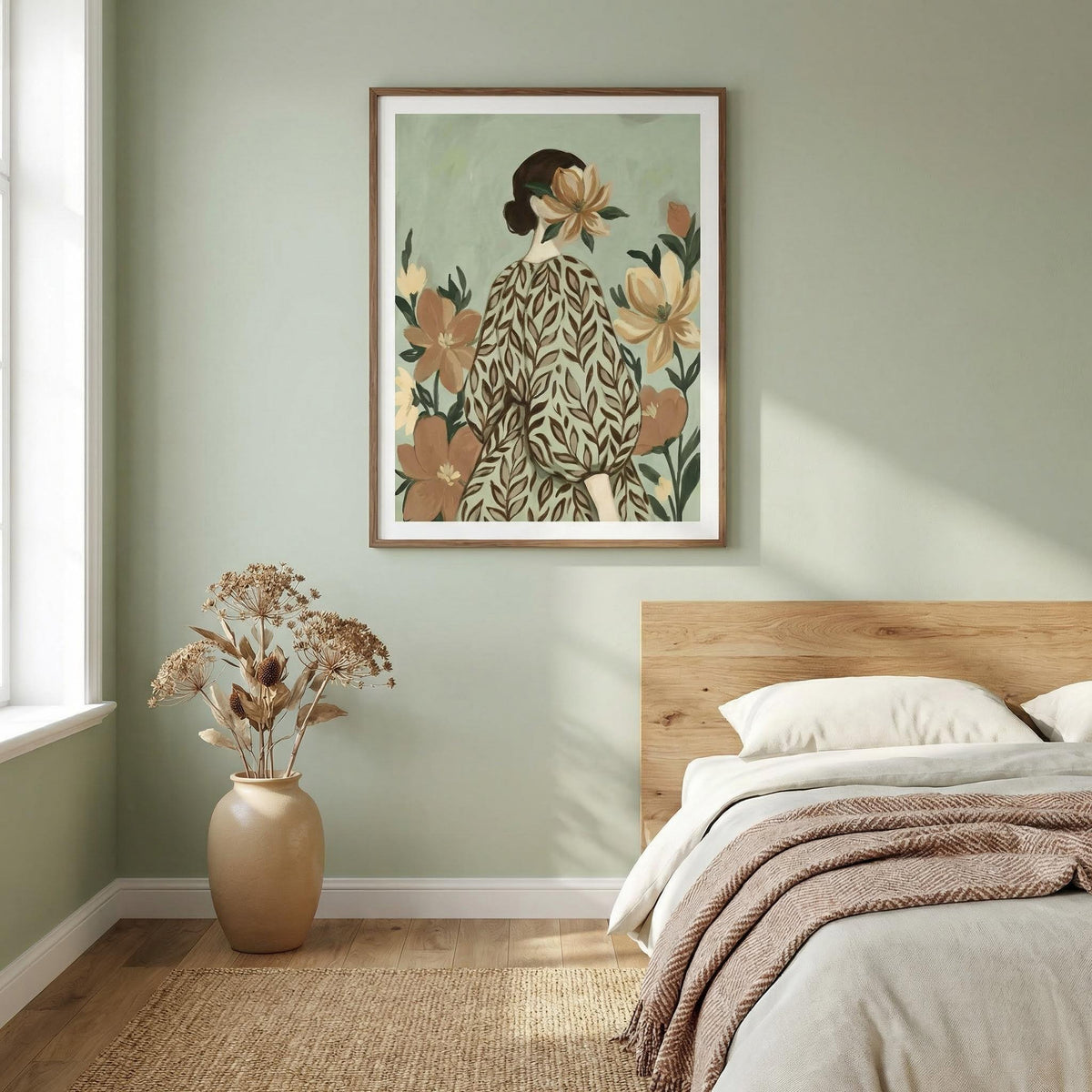 Woman With Flowers print of a woman in a leaf patterned dress with floral background in a bedroom