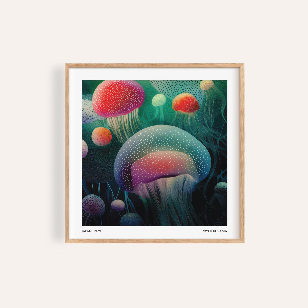 Ocean Prints framed print close-up of glowing jellyfish in green and red hues