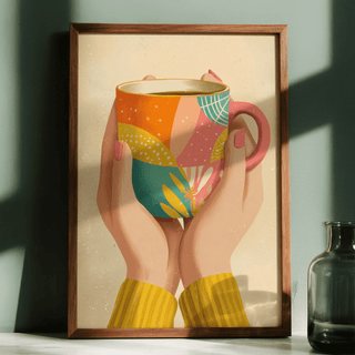 Framed Coffee Mug Art showing hands holding a colourful patterned coffee mug with a glass bottle nearby