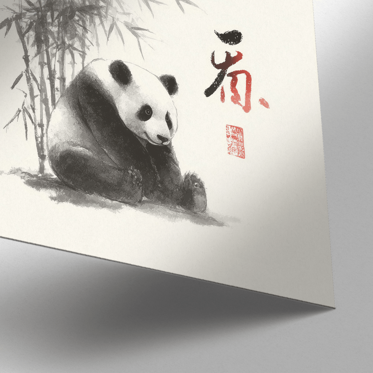 Detail close-up of panda art print showing black and white panda with red calligraphy on cream background