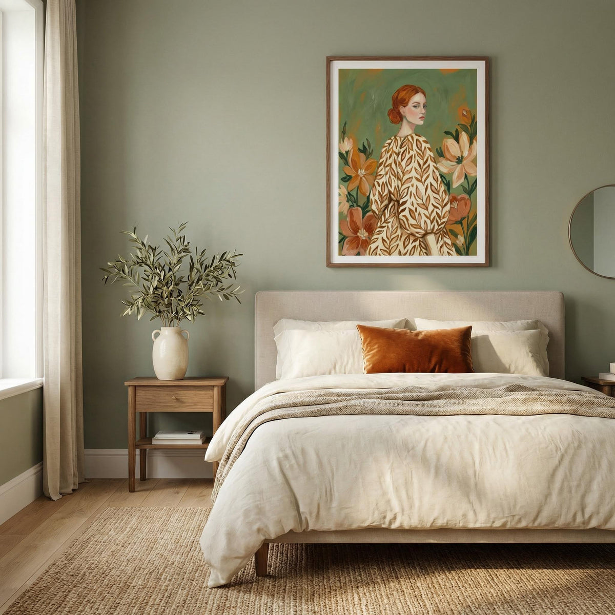 Floral Girl Illustration print on a bedroom wall above a bed with neutral linens and a brown cushion