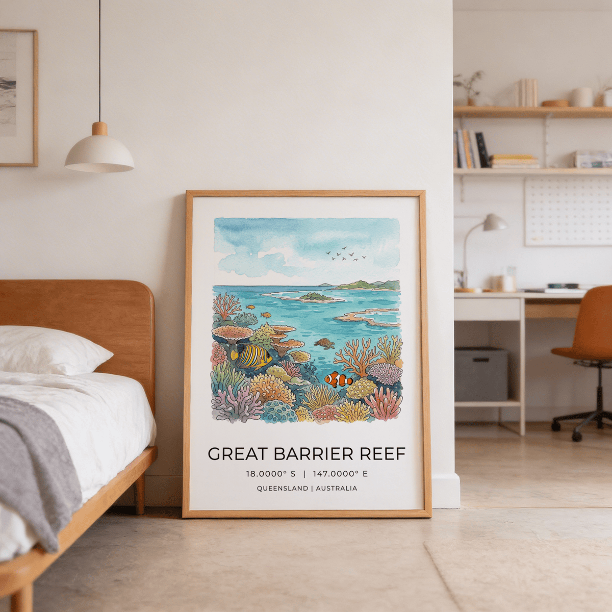 Print leaning on the floor of a bedroom with coral reef artwork in watercolour style next to a bed
