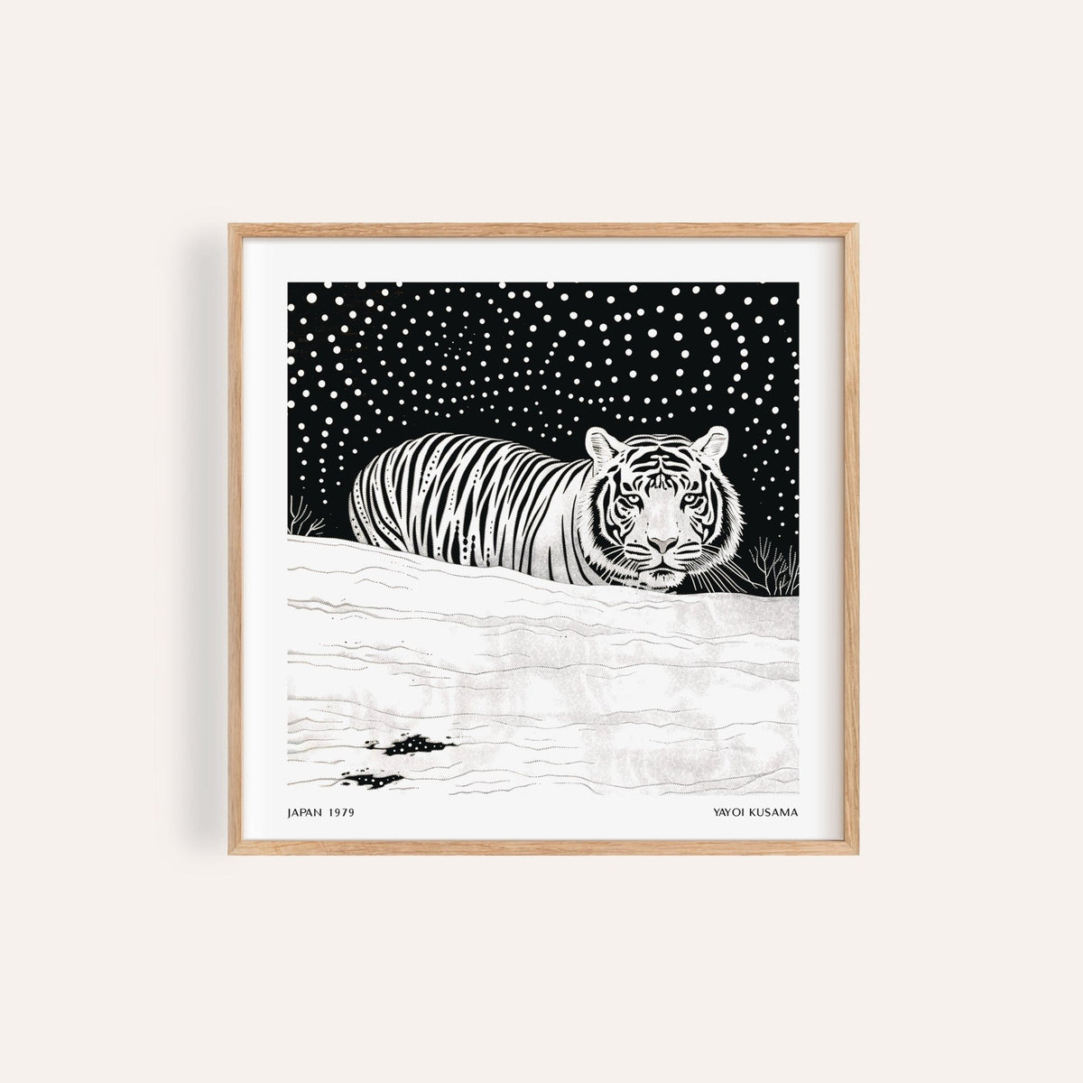 Framed print of art white tiger with minimalist black and white design