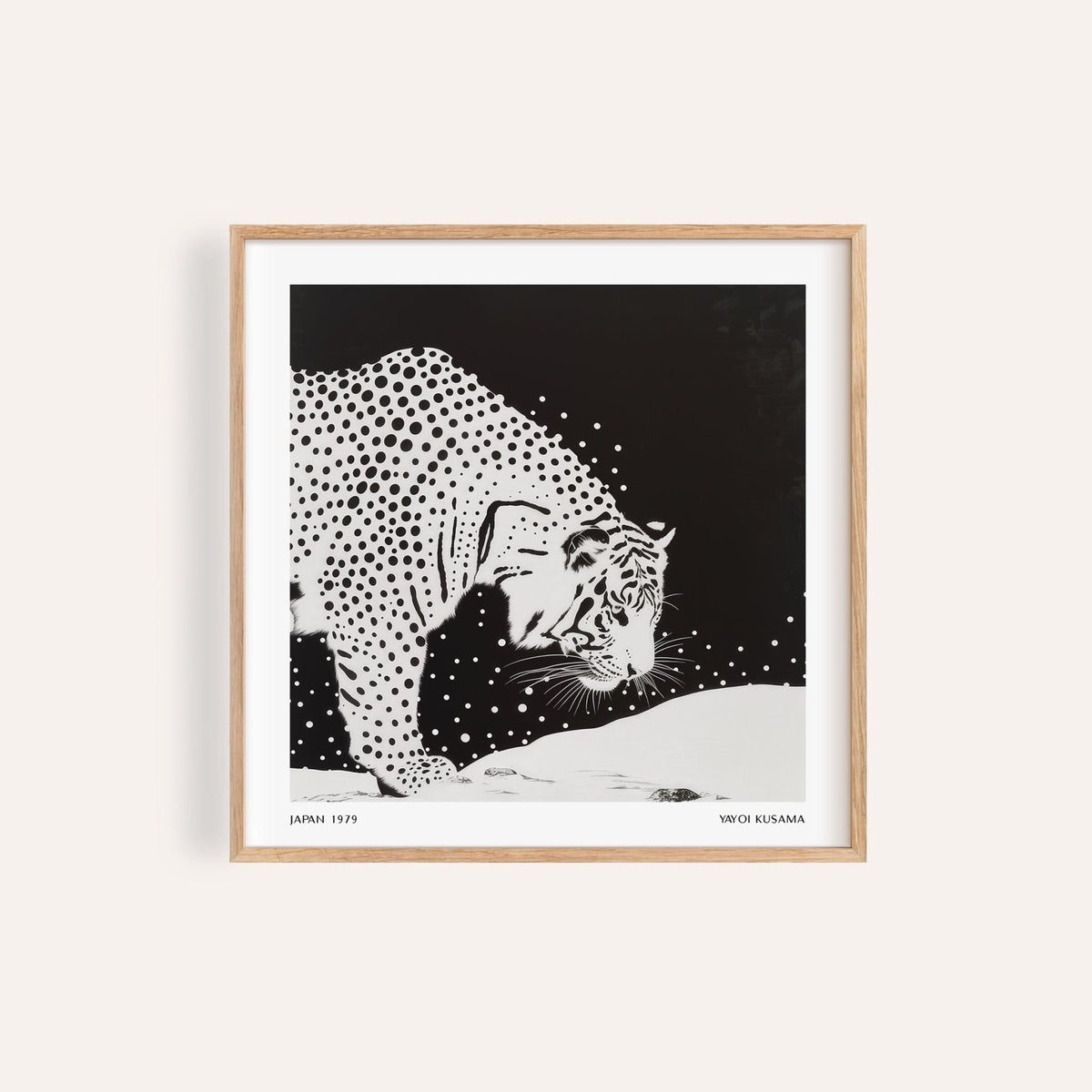 Japanese Tiger Art framed print showing a spotted tiger in black and white with a natural wood frame