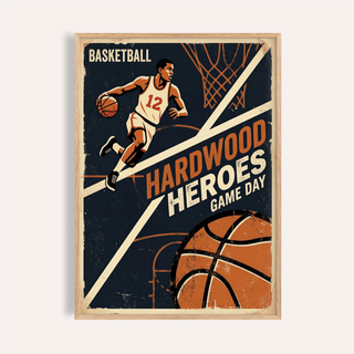 Framed close-up of vintage basketball art print showing a player dribbling with orange and cream colours