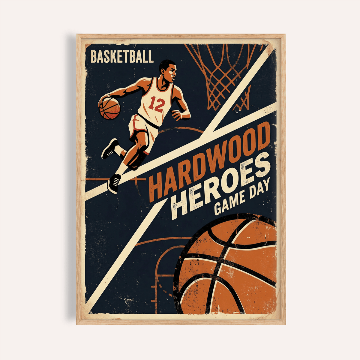 Framed close-up of vintage basketball art print showing a player dribbling with orange and cream colours