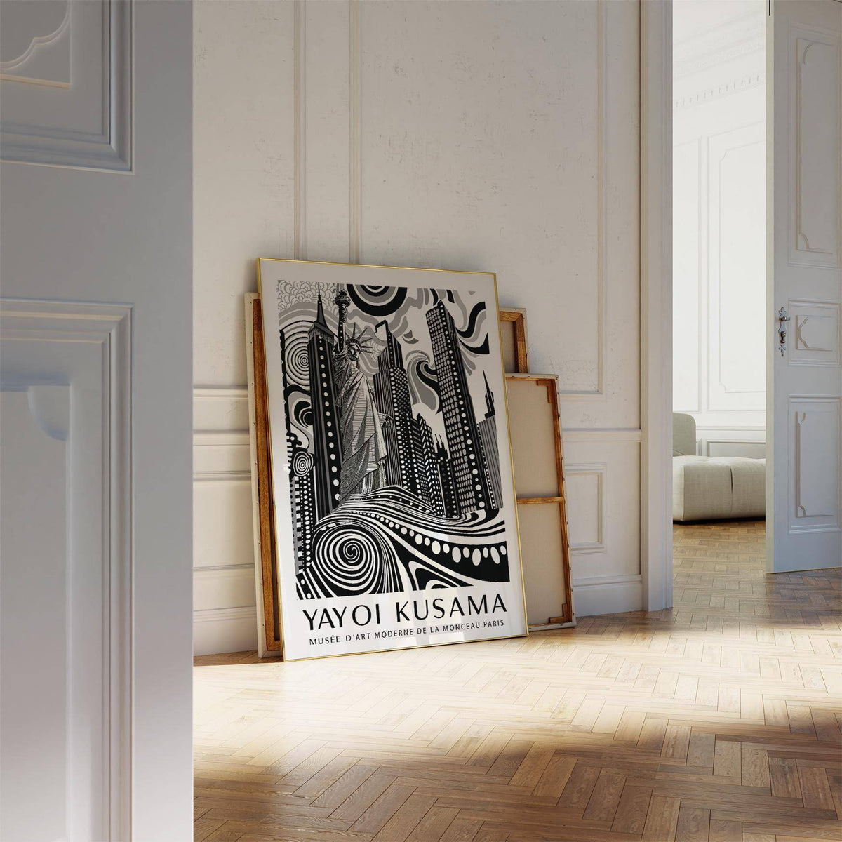 Print leaning on floor of New York Cityscape wall art with monochrome abstract Statue of Liberty in an elegant room