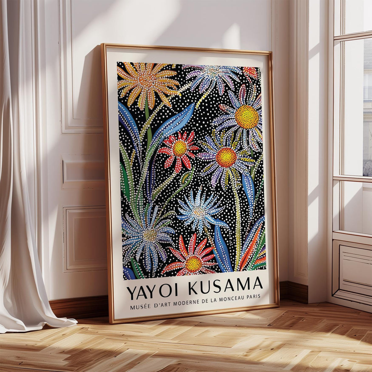 Floral Pop Art print leaning on floor with daisies in bright colours and dot pattern near window