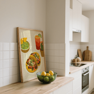 Tacos Art Print leaning on a kitchen worktop near a bowl of lemons and limes
