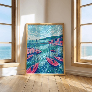 Sailboats wall art leaning on floor between two windows showing a colourful harbour scene