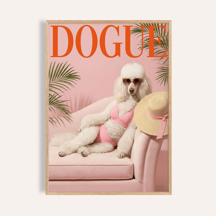Framed Pink Poodle Print of a white poodle in a pink bikini with sunglasses and a sunhat