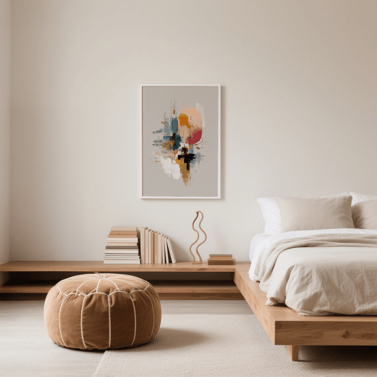 Colorful poster print with abstract shapes in orange, blue and white above books on a low wooden shelf in a bedroom