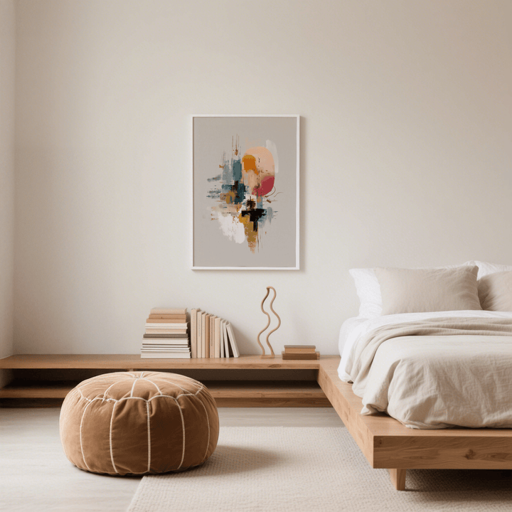 Colorful poster print with abstract shapes in orange, blue and white above books on a low wooden shelf in a bedroom