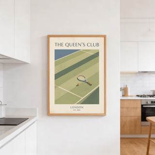 Tennis wall art of a retro minimalist tennis court with racket and ball in a kitchen