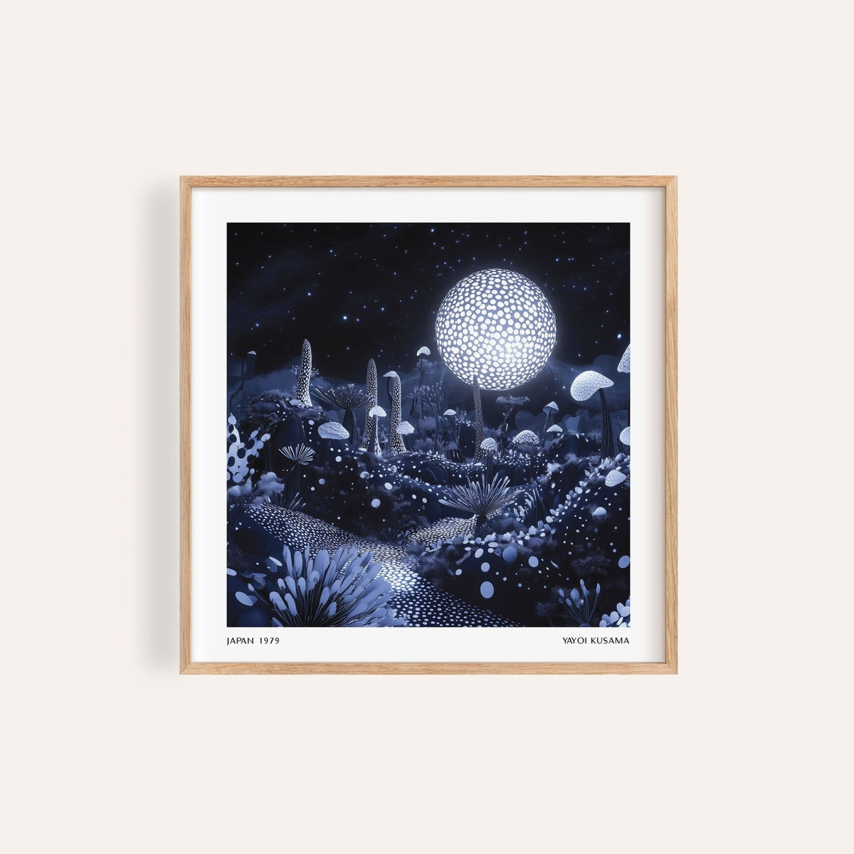 Wall Art Night Sky with surreal glowing mushrooms in blue and white shades
