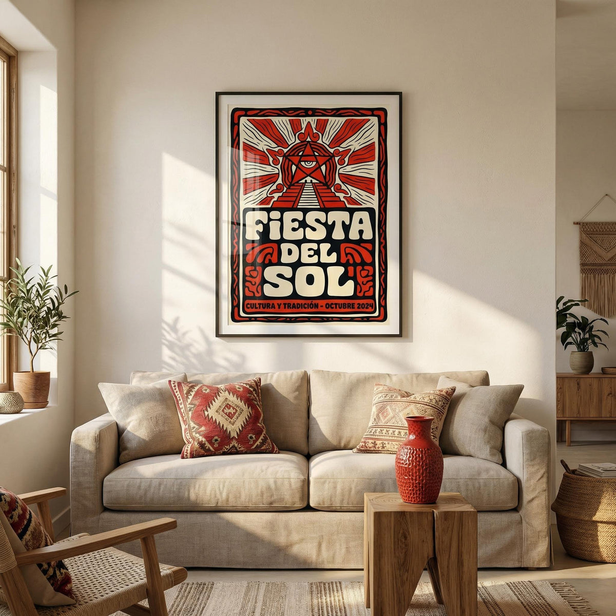 Fiesta Del Sol Art Print with bold red and cream folk-art style above a sofa with patterned cushions