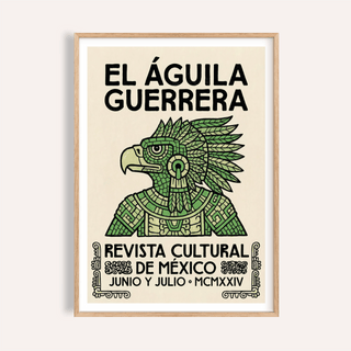 Framed print close-up of a green folk-art eagle warrior with black text