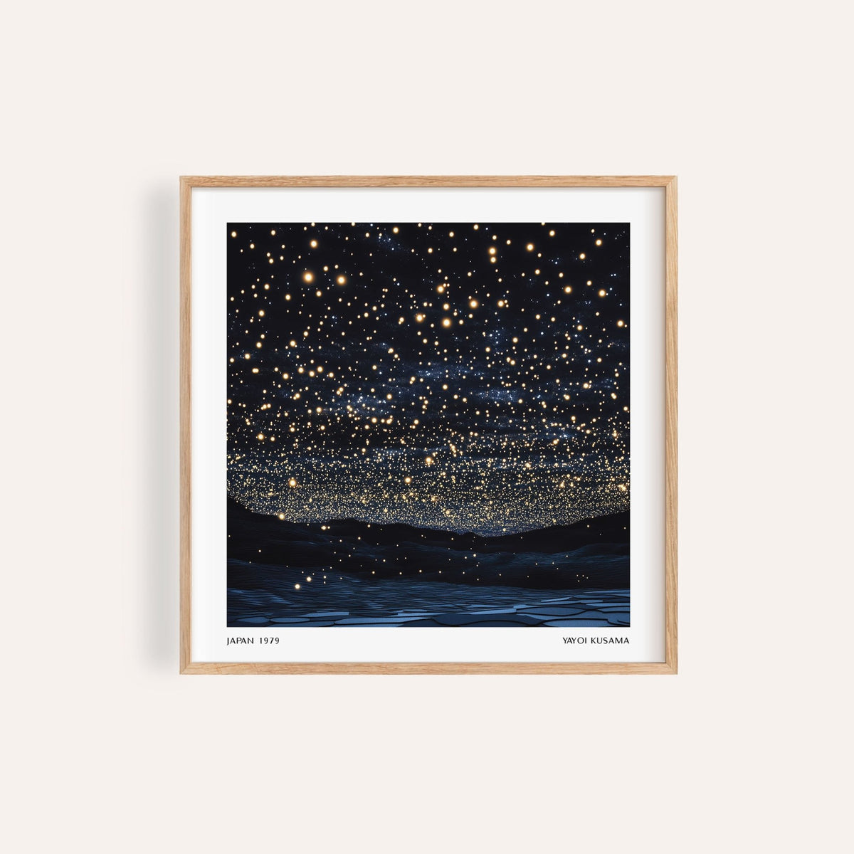 Starry Night Print framed close-up of a starry night sky with golden stars and dark hills