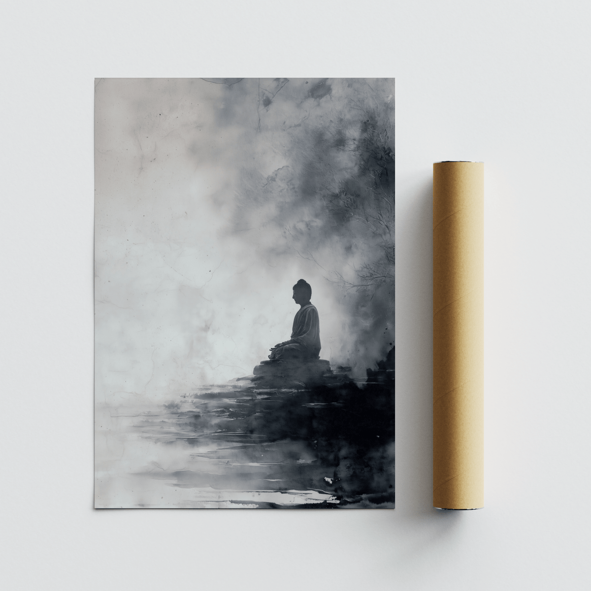 Spiritual Decor Poster rolled up next to a cylindrical brown packaging tube on a white surface