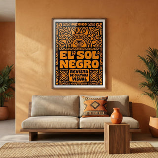 Framed Mexican Culture Art Print with folk-art sun and eye design above a sofa with a patterned cushion