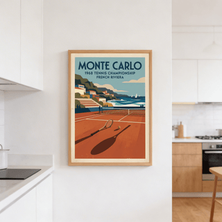 Tennis Championship art print of a tennis racket and ball on court hanging in a kitchen
