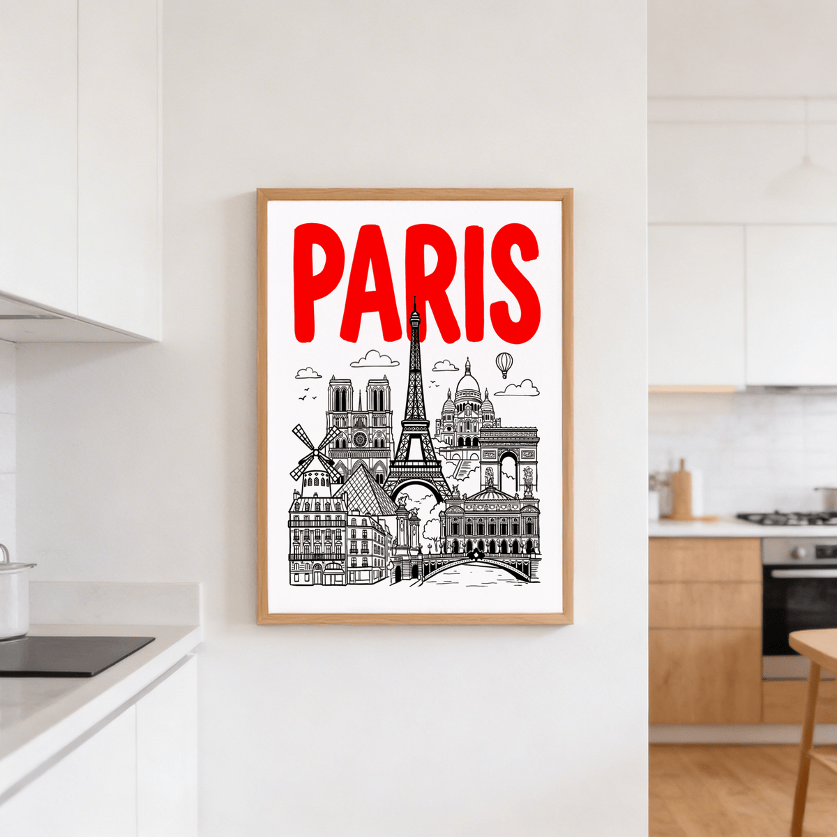 Print on a wall of Paris City Art Print with red text and black line-art in a kitchen