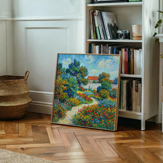 Colorful Flower Garden Print leaning against white bookshelf with books and vintage camera on wooden parquet floor