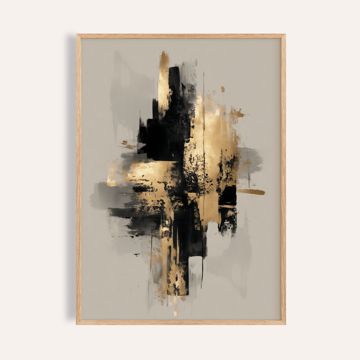 Framed Gold Wabi Sabi Print with black and gold brush strokes on beige background