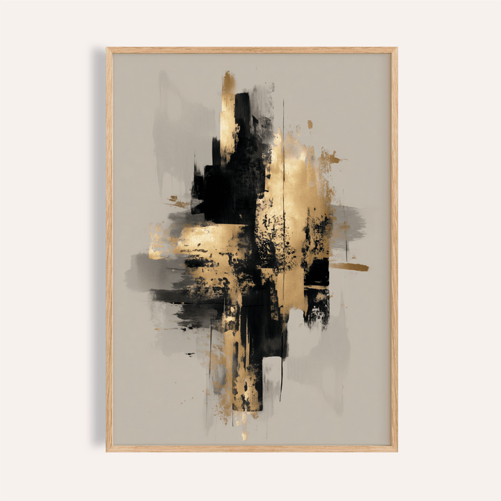 Framed Gold Wabi Sabi Print with black and gold brush strokes on beige background