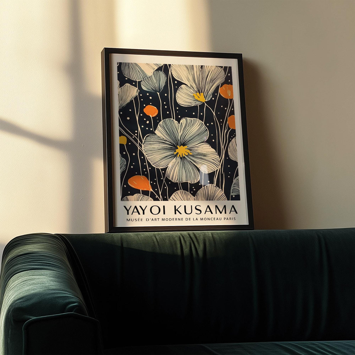 Large Flower Wall Art framed print close-up with cream and orange blooms above a dark green sofa