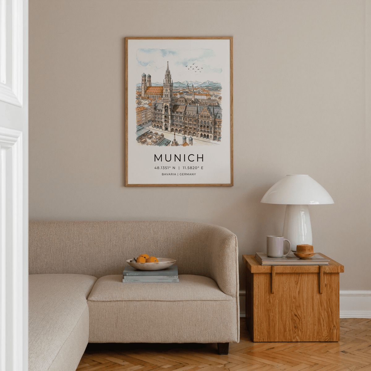 Munich City wall art of a watercolour illustration with beige and blue tones above a sofa