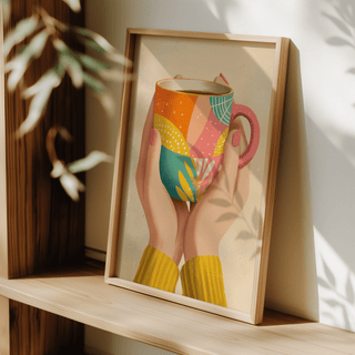 Framed Coffee Mug Art print with patterned mug and hands on a wooden shelf with plant shadows