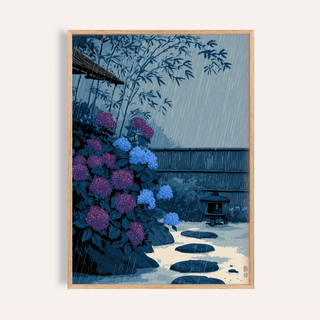 Framed Japanese Rain Print of purple and blue hydrangea bush in rain with stone path